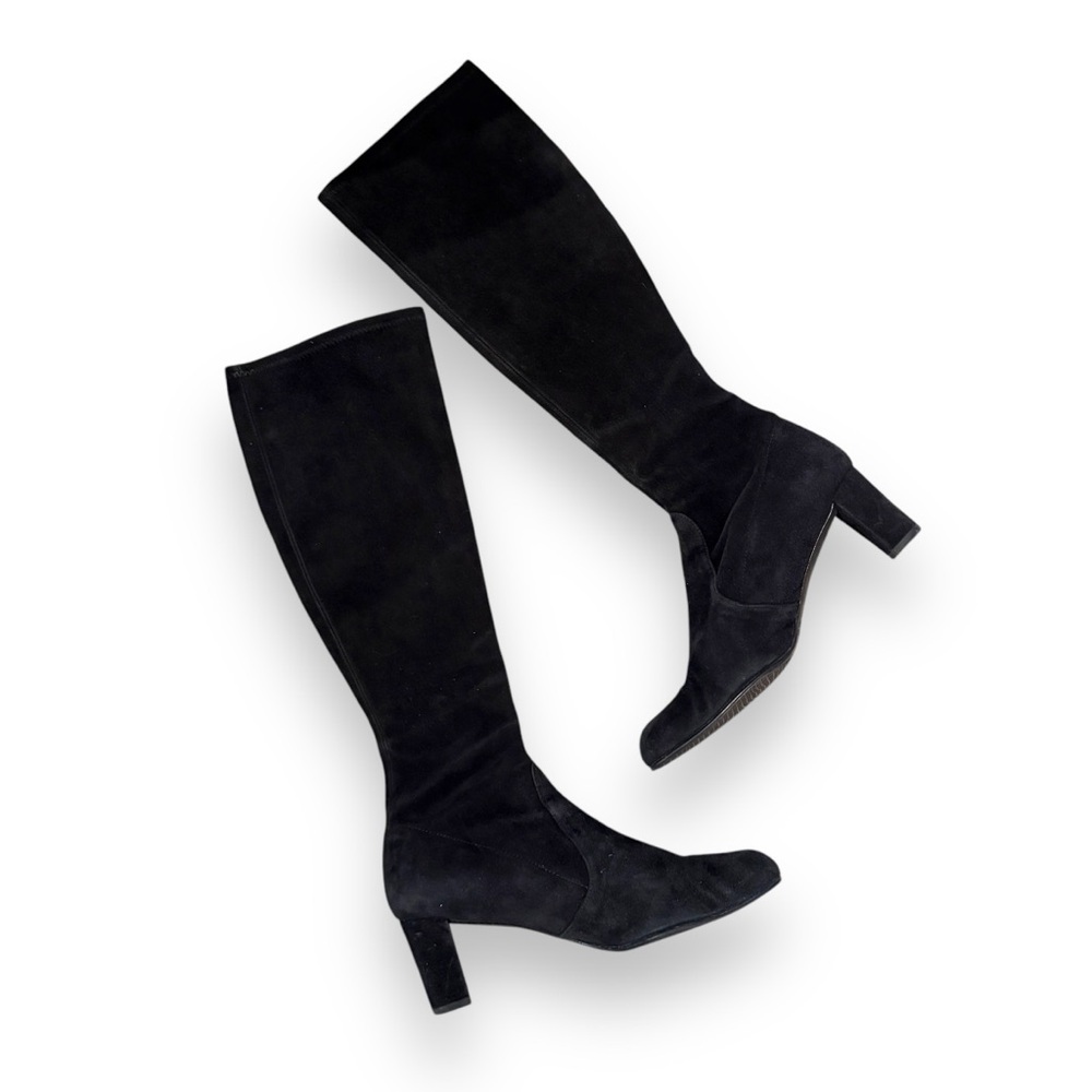 Stuart Weitzman Chicboot Black Suede Block Heel Knee High Boots Sz 8W
